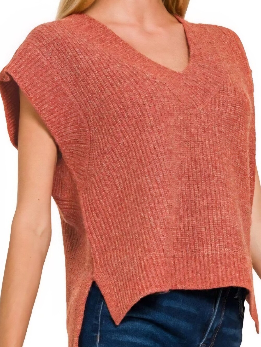 Zenana Ribbed Side-Slit V-Neck Sweater
